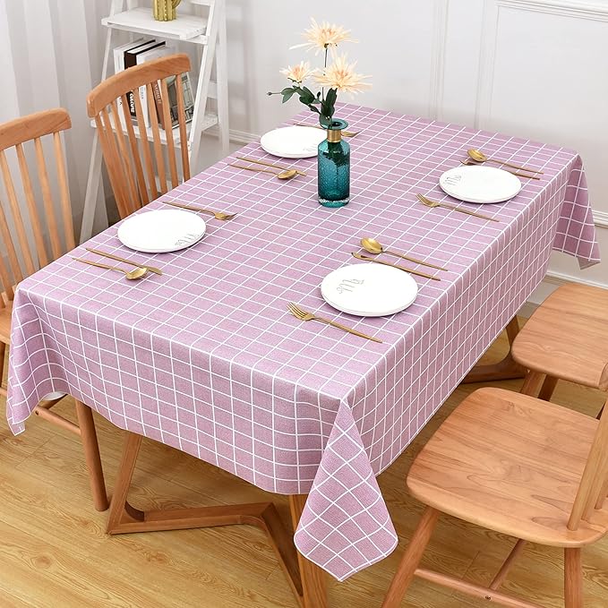 Romanstile Rectangle Plastic Tablecloth, 100% Waterproof Oil-Proof Checkered PVC Table Cloths, Heavy Duty Vinyl Table Covers for Dining, Camping, Picnic, Outdoor - 60 x 102 Inch, Pink