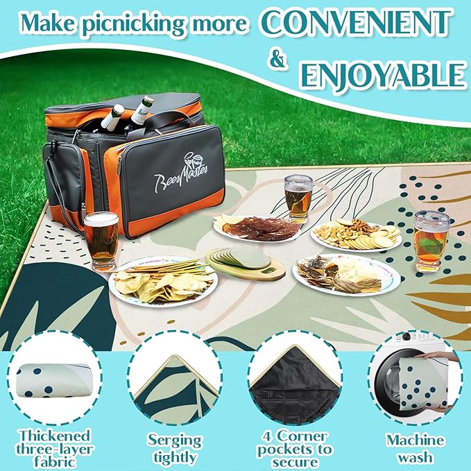 Green Botanical Picnic Blankets Waterproof Foldable, 60″X80″Boho Thick Picnic Mat Outdoor Blanket for Grass, Leaves Beach Blanket Sandproof Picnic Accessories for Camping Party Park Travel