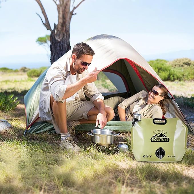 Collapsible 8L Water Storage Bag, BPA-Free Portable Folding Water Jug with Adjustable Faucet, Leakproof Emergency Water Bag for Camping, Hiking, Riding, Outdoor Sport (BEIGE&GREEN, 4)