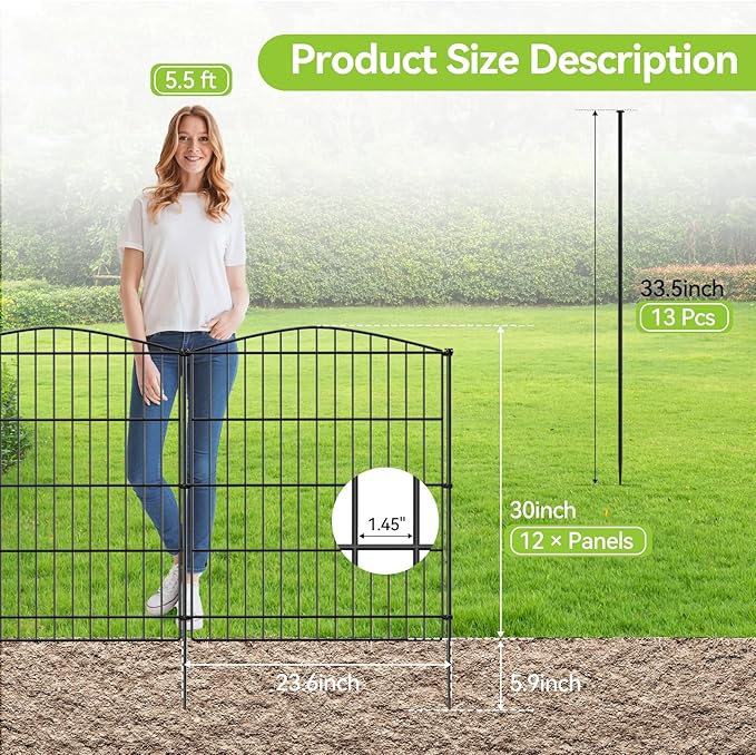 INJOPEXI Decorative Garden Fence 12 Panels 23.6ft (L)×30in (H) Garden Fences with 12 Panels Rustproof Metal Wire No Dig Animal Barrier Fencing Rabbit Dog Fence for Yard Patio Outdoor - Without Gate