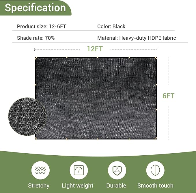 Keten 70% Garden Shade Cloth, 12x6FT HDPE Mesh Tarp with Upgraded Grommets, UV-Resistant Outdoor Sun Shades for Greenhouse, Garden, Patio Plants, Pergola