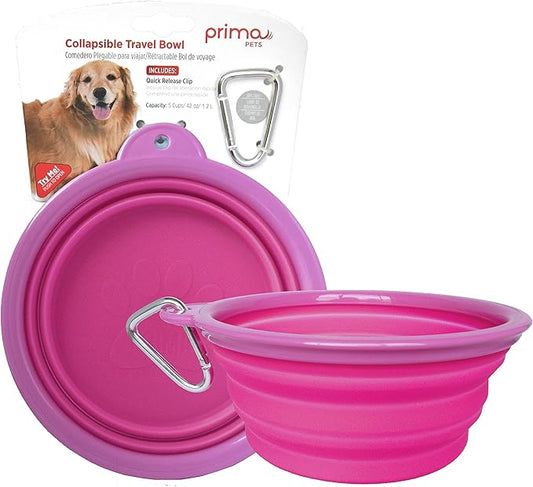 Prima Pet Collapsible Silicone Water Travel Bowl with Clip for Dog and Cat, Portable and Durable Pop-up Feeder for Convenient On-The-go Feeding – Size: Large (5 Cups) Pink