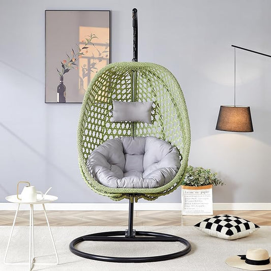 JUFU Egg Swing Chair with Stand for Outdoor and Indoor, Patio Hanging Basket Chair with Cushions and Pillow, Hammock Chair for Bedroom, Balcony, Garden,Durable Aluminum Steel Frame