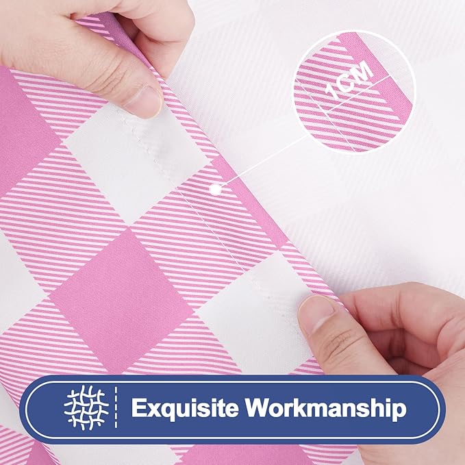 Smiry Picnic Table Cover with Bench Covers, Waterproof Elastic Fitted Tablecloths for 6 Foot Rectangle Tables, Washable Buffalo Plaid Tablecloth for Camping, Outdoor (Pink & White, 30"x72")