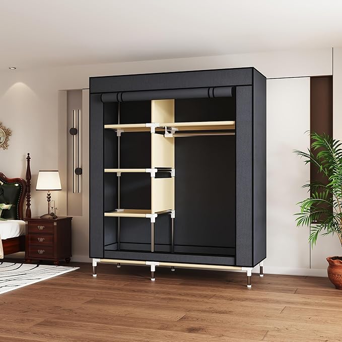 Portable Wardrobe Closet Durable and Easy to Assemble Heavy Duty Clothes Rack with Non-Woven Cover Fabric Best for Bedroom and Easy Storage and Organization (Grey-C)