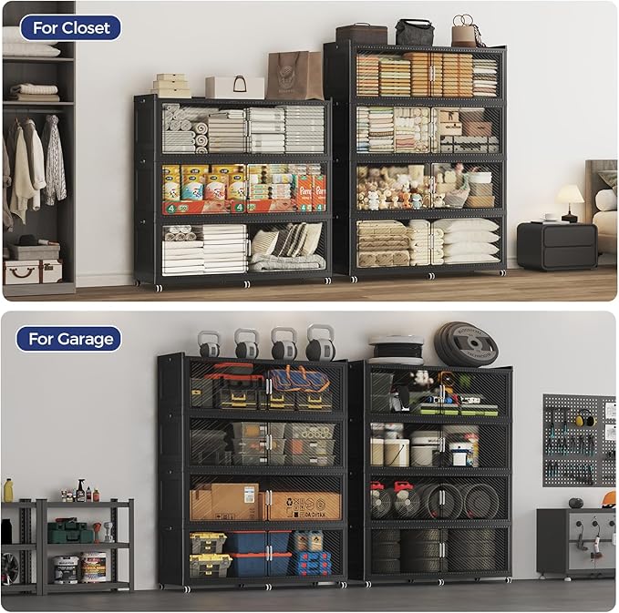 150GAL Extra Large Stackable Storage Bins with Lid, 600QT Plastic Closet Organizer and Storage Cabinet with Wheels and Doors, Folding Storage Box Container for Home Organization, 3Pack Black