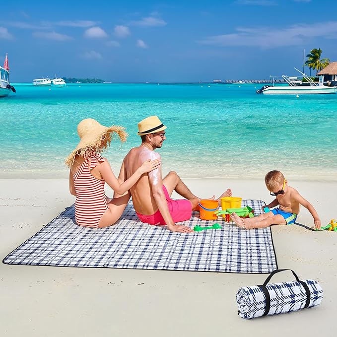 Picnic Blanket 80''x80'' Extra Large Outdoor Blanket, Waterproof, Sandproof, Machine Washable, Tear Resistant, Foldable Picnic Mat for Camping, Grass, Park, Travel, Beach – Blue