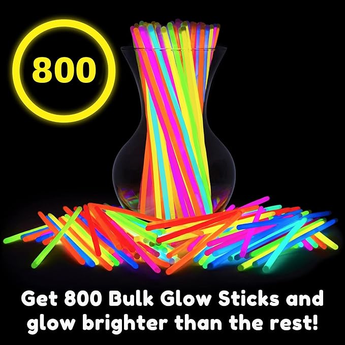 PartySticks Glow Sticks 800 pack - 8 Inch Glow in The Dark Light Up Sticks Party Favors, Glow Party Decorations, Neon Party Glow Necklaces and Glow Bracelets with Connectors
