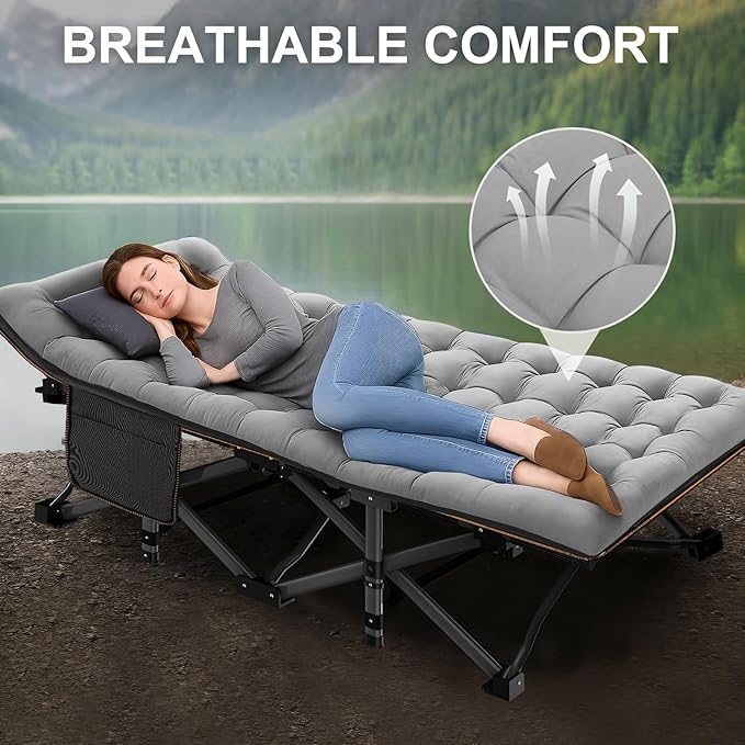 ABORON Folding Camping Cot W/Mat for Adults, Heavy Duty Outdoor Bed with Carry Bag,1200 D Layer Oxford Travel Camp Cots