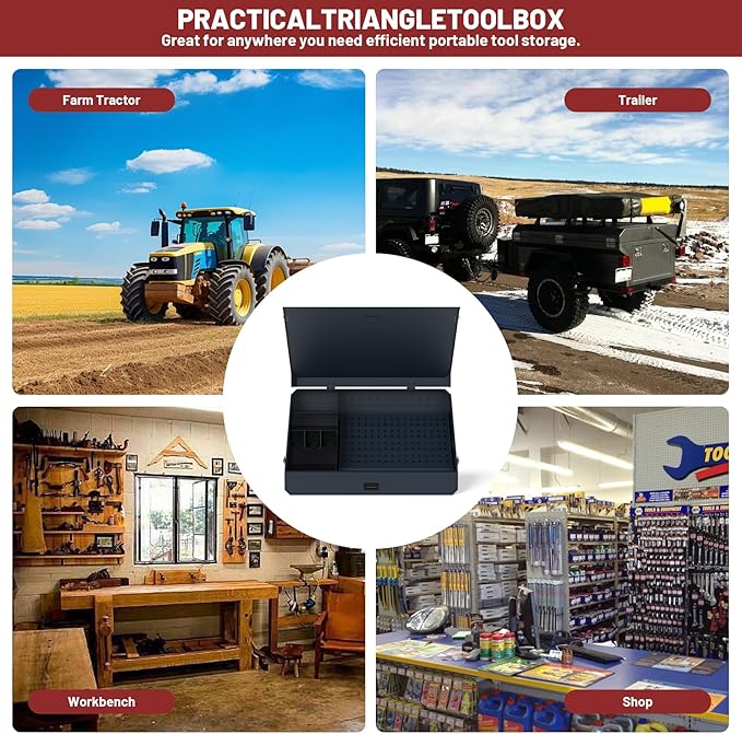 Portable Weather-Resistant Triangle Steel Toolbox with Lock, 16-Gauge Multi-Tier SAE & Metric Chest, Pull-Out Drawer for Truck, 36.8"W x 17.5"D x 21.6"H