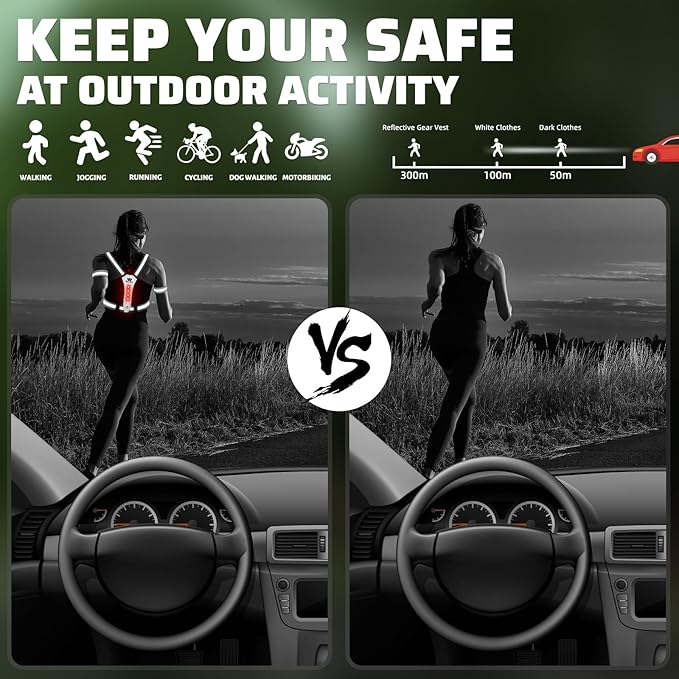 West Biking Running Vest Light - Led Running Reflective Gear for Walking at Night, High Visibility Night Rechargeable Light Up Running Vest, Adjustable Running Lights for Runners