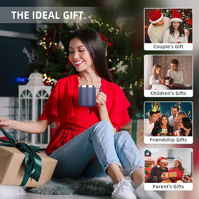 Volhoply 14oz Insulated Stainless Steel Coffee Mug with Leakproof Lid,Double Wall Vacuum Travel Coffee Cup with Handle,Reusable Metal Cups Tumbler,Camping Mugs Keep Hot&Cold,Ideal Gifts(Navy,1)