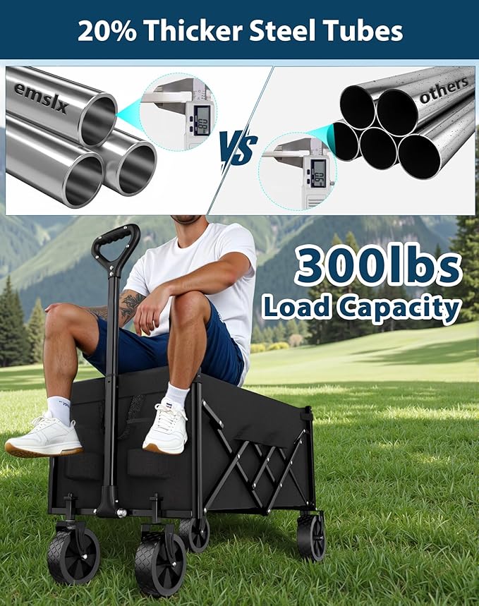 Lightweight Folding Wagon, Large Capacity Collapsible Grocery Cart on Big Wheels, Heavy Duty Foldable Shopping Carts, All-Terrain Outdoor Utility Carts for Camping, Sports, Garden, Beach, 4.5 Cu Ft