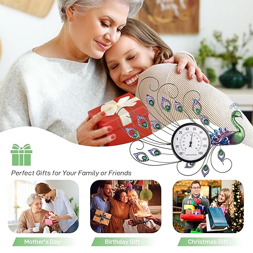 Peacock Outdoor Thermometer, Metal Outdoor Wall Thermometer No Need Battery, Indoor Outdoor Thermometer Large Wall Art Decor for Patio, Garden, Living Room