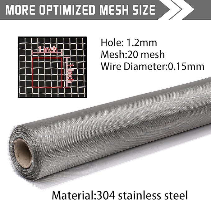 304 Sliver Stainless Steel Robust & Shielding Window Screen Replacement Mesh Screen, 39IN x 100FT, Perfect for Windows, Doors, Patios & Pets, Mosquito-Proof,Sturdy Screen Mesh Roll (20 Mesh)