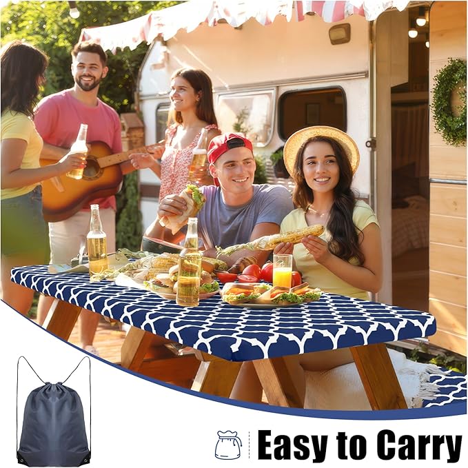 Smiry Picnic Table Cover with Bench Covers, Waterproof Elastic Fitted Tablecloth for 6 Foot Tables, Washable Polyester Tablecloths for Camping, Indoor & Outdoor (Navy Morocco, 30x72 Inch 3-pc Set)