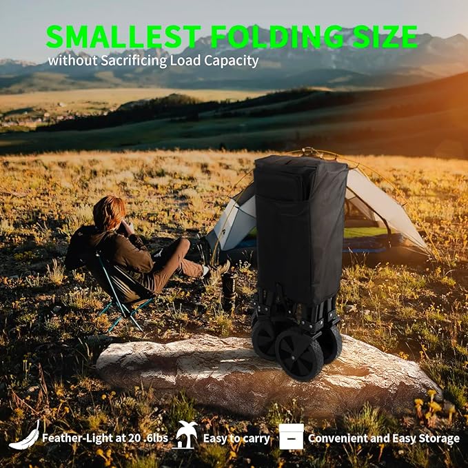 Collapsible Folding Wagon,Utility Beach Wagon Cart Heavy Duty Foldable with All-Terrain Wheels,Large Capacity Foldable Grocery Wagon for Garden Sports Outdoor Camping（Black）