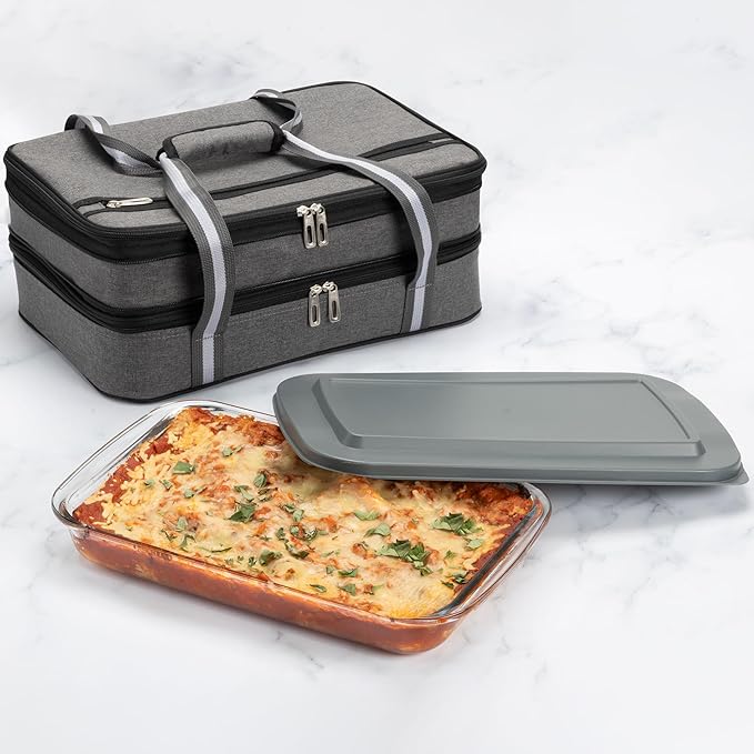 Stack Store Plus More Insulated Expandable Casserole Carrier with Baking Dish and Lid - Lasagna Holder for Picnic Potluck Beach Day Trip Camping Hiking - Hot and Cold Thermal Bag in Gray