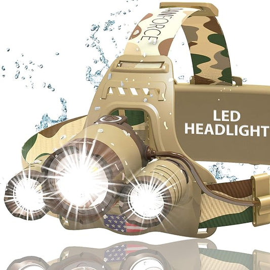 DanForce Camouflaged Headlamp Ultra Bright USB Rechargeable Head lamp. Tactical Head Flashlight Designed Especially for Hunting & Fishing. LED Headlamps LUMINUS 1080 Lumens Headlight with Red Light