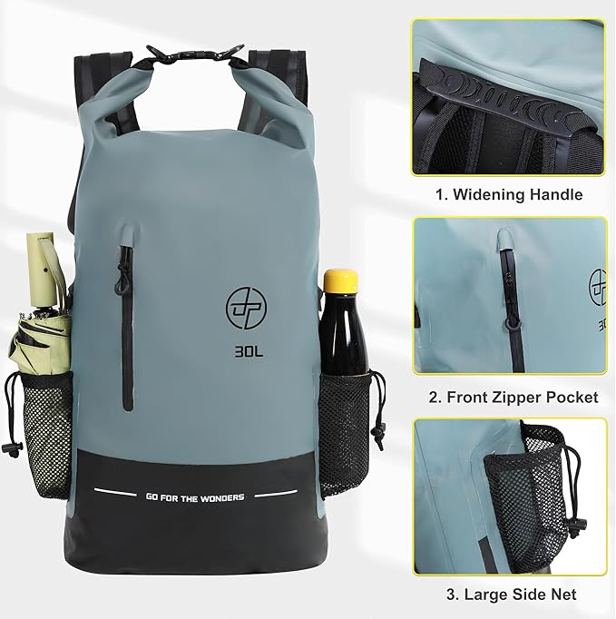 UPWELL 30L Waterproof Dry Bag Boating Backpack for Travel Hiking Camping Kayaking Hiking Swimming Floating Submersible Dry Bag grey