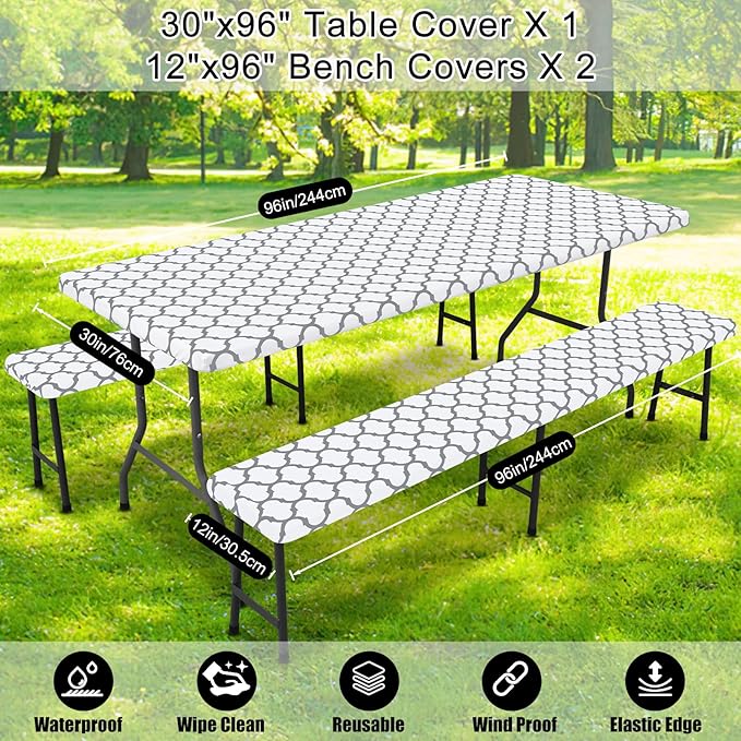 Smiry Picnic Table Cover with Bench Covers, Waterproof Elastic Fitted Tablecloth for 8 Foot Tables, Washable Polyester Tablecloths for Camping, Indoor & Outdoor (White Morocco, 30x96 Inch 3-pc Set)