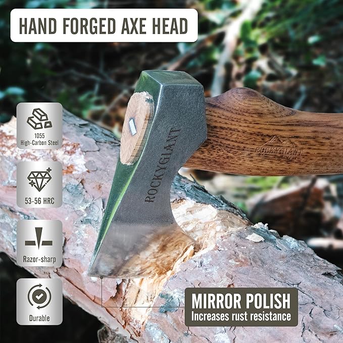ROCKYGIANT 13'' Camping Axe with Sheath, Hand Forged Hatchet for Wood Chopping,Spling and Kindling, Brushcraft Axe for Outdoor Survival and Garden, Hickory Wood Handle
