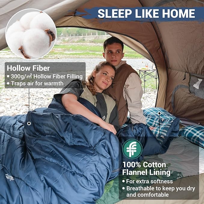KingCamp Double Sleeping Bag for Adults, Queen Size 2 Person XXL Flannel Sleeping Bag, Waterproof Lightweight Flannel Quilt with 2 Pillows, Perfect for Couples Family Camping Hiking