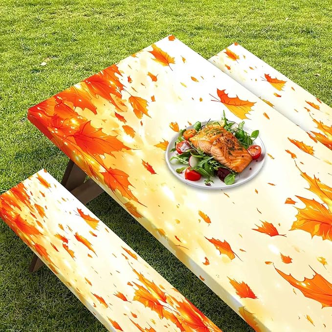 CAPSCEOLL Fitted Picnic Table Cover with Bench Covers with Elastic 8Ft Waterproof Camping Picnic Table Cover Cloths for Outdoors Camping Tablecloth with Drawstring Bag, 96X30in, Fall Maple