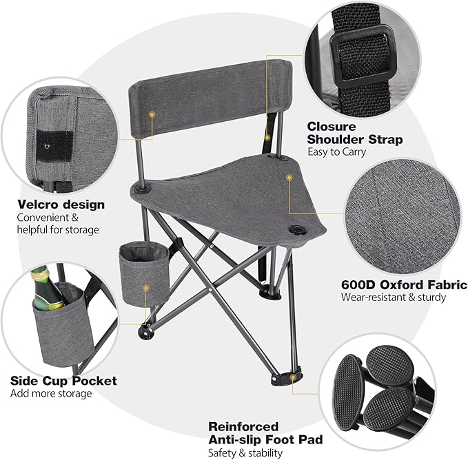 REDCAMP 2 Pack Tripod Camping Chairs Folding Lightweight, Portbal 3 Legged Tripod Stool Seat with Cup Holders, Small Fishing Chairs Compact for Adults Golf, Hunting,Dark Grey