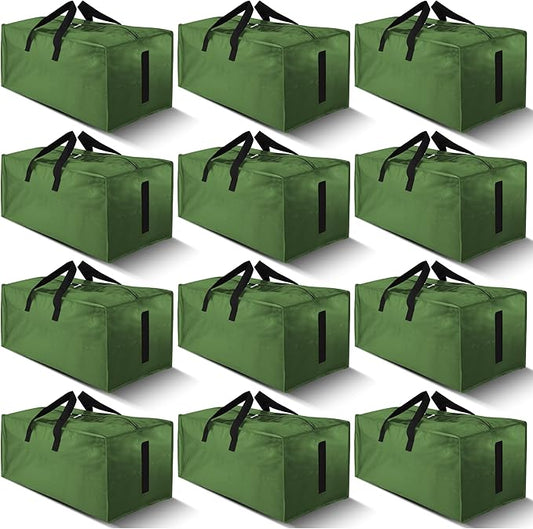12 Pack Large Strong Moving Bags with Zippers & Carrying Handles - Water-Resistant - Heavy Duty Storage Tote for Space Saving, Fold Flat, Alternative to Moving Box (Olive Green)