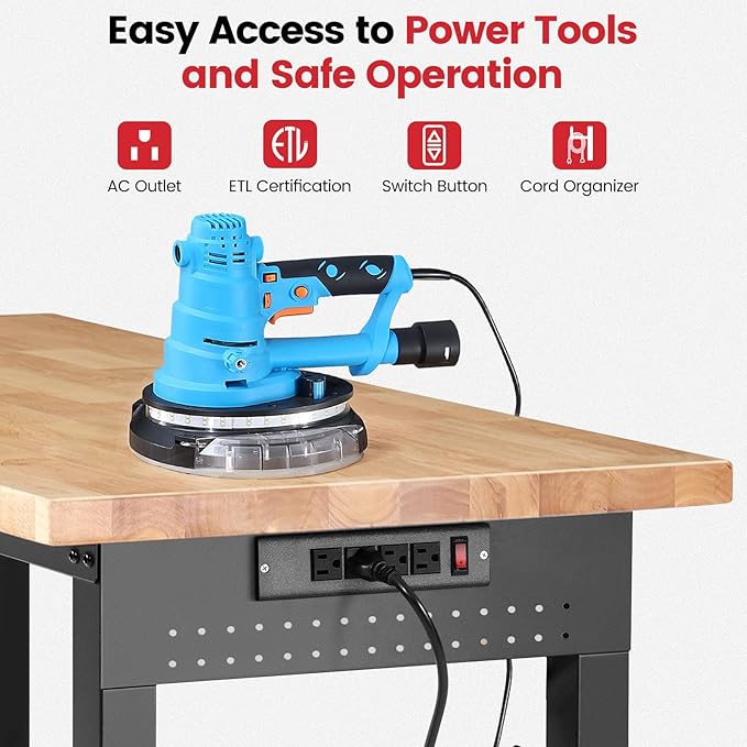 Work Bench for Garage Adjustable Workbenches with Storage 60 Inch Garage Workbench with Under Table Shelf, Pegboard, Power Outlets for Woodworking, Home, Office, Workshop