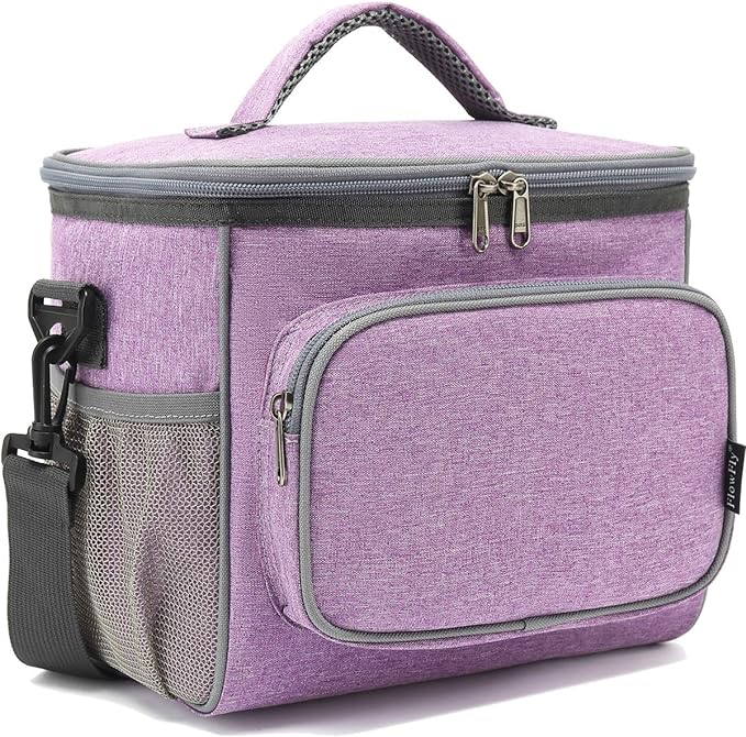 FlowFly Insulated Reusable Lunch Bag Adult Large Lunch Box for Women and Men with Adjustable Shoulder Strap,Front Zipper Pocket and Dual Large Mesh Side Pockets,Purple