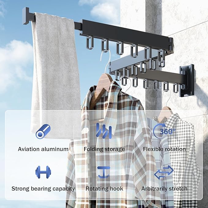 Clothes Drying Rack,Laundry Drying Rack,Wall Mounted Clothes Rack,Laundry Rack Wall Mount,Folding Retractable Collapsible Drying Rack Clothing (Three-Poles,Loop Shape Hooks)