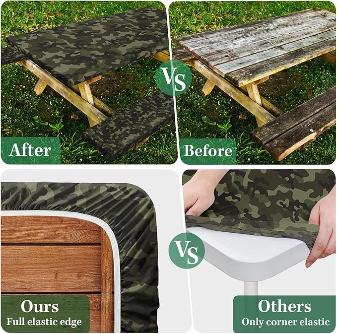 Picnic Table Cover with Bench Covers Elastic Edges, Camouflage Camper Fitted Table Cover, Outdoor Camping Essentials 72 Inch 3PCS, Waterproof Camping Fitted Tablecloth with Drawstring Bag