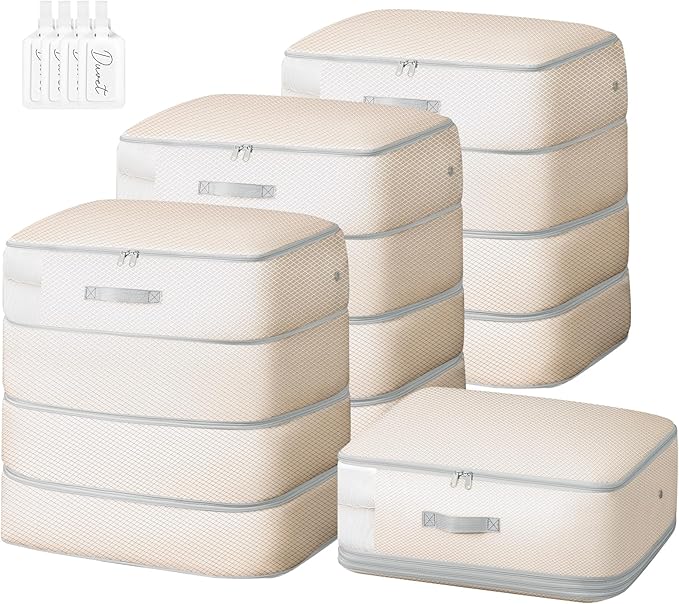 Comforter Storage Bag - 130L Large Capacity Blanket Storage Bags 4-Layer Ultra Space Saving Self Compression Organizer, Washable Compression Bags for Storage Comforter Blanket, 4-Pack, Beige
