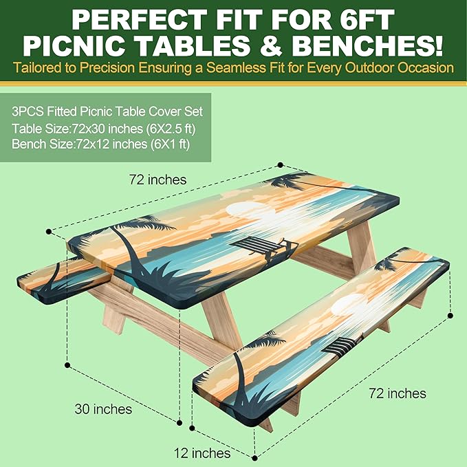 72 X 30 Inch Elastic Fitted Camping Table Cover with Bench Covers & Storage Bag, Picnic Tablecloth, Fits 6ft Picnic Tables,Washable & Reusable, Spill Resistant,Waterproof - Tropical Beach