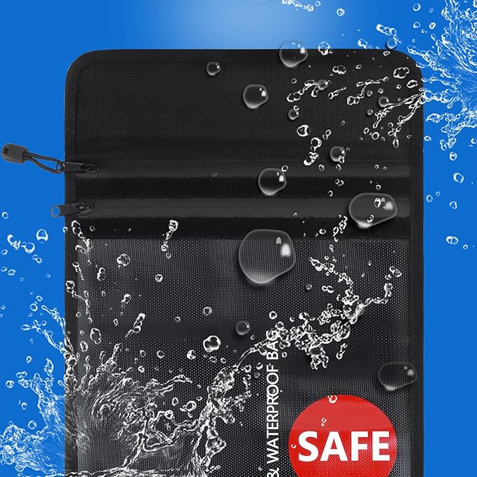 Fireproof Document Bag (2000℉) Upgraded 2 Pockets, GEMEK 15”x 11” Fireproof and Waterproof Money Bag Fireproof Safe Storage for Money, Documents, Jewelry and Passport (Black - 2 Zipper)