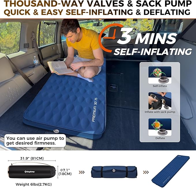 KingCamp Self Inflating Sleeping Pad, R 7.9 Air & Foam Sleeping Pad for Camping, 3" Thick Single Camping Mattress with 3D Sidewalls & Wave Surface Cut for Outdoor Tent Cot Car, PVC Free (Navy)