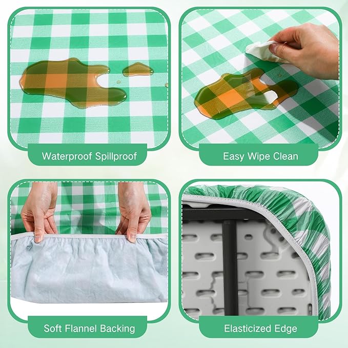 3 Pcs Plastic Picnic Table Cover Checkered Tablecloth Fitted Rectangular Table Cloth 30 x 72 Inch Vinyl Waterproof Flannel Backed with Elastic Rim for Indoor Outdoor Picnic Party(Green and White)