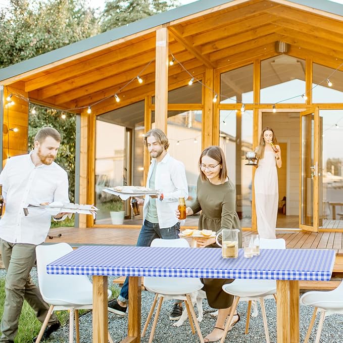 3 Pcs Plastic Picnic Table Cover Checkered Tablecloth Fitted Rectangular Table Cloth 30 x 72 Inch Vinyl Waterproof Flannel Backed with Elastic Rim for Indoor Outdoor Picnic Party(Blue and White)