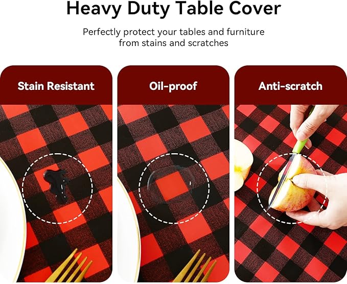 Romanstile Rectangle Vinyl PVC Tablecloth, 100% Waterproof Buffalo Plaid Plastic Table Cloth, Oil Proof Heavy Duty Wipeable Table Covers for Dining/Camping/Picnic/Outdoor - 60 x 84, Black and Red