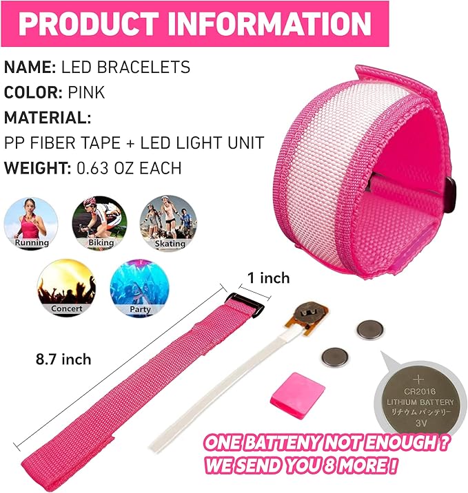 8 PCS LED Glow Bracelets, Light Up Wristbands - Halloween Glow in The Dark Party Bracelets Favors Supplies for Christmas, Concerts, Festivals, Game Prizes, Sports, Rave Accessories（Pink）