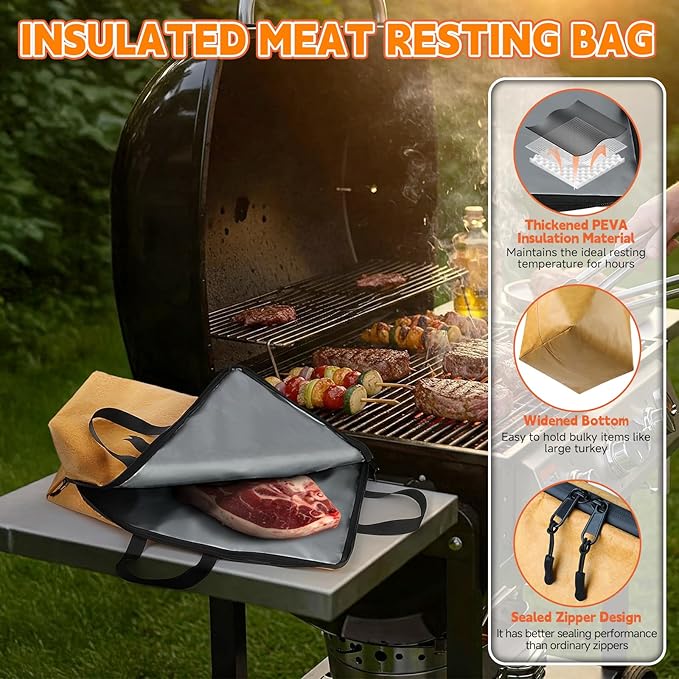 Desing Wish Large Capacity BBQ Blanket for Resting Meat, Reusable Smoker Grilling Insulated Meat Resting Bag with 3 Handles BBQ Accessories for Large Brisket/Beef/Pork Shoulders/Turkeys (21 Inch)