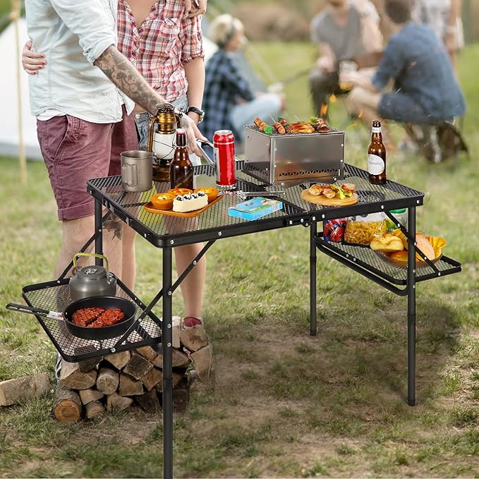 RedSwing Folding Grill Table with Extension Space, Adjustable Height Portable Large Stand Camp Table for Outdoor Indoor Camping Picnic BBQ, Black with Side Panels