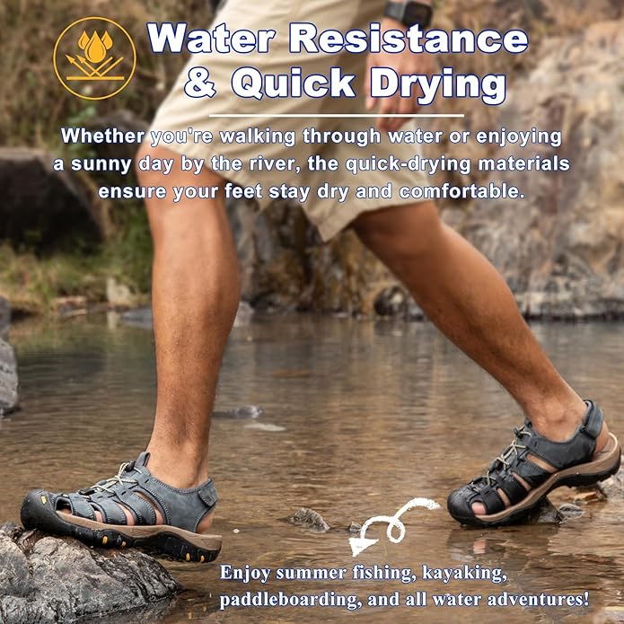 Men's Sport Sandals Closed Toe Leather Hiking Athletic Walking Outdoor Beach Trail River Fishing Water Shoes Lightweight Comfortable Waterproof