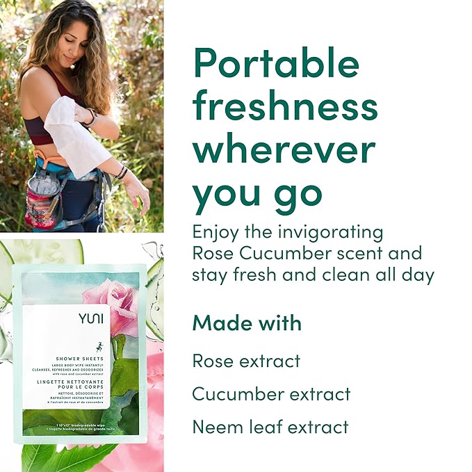 YUNI Beauty Large Body Wipes - Rose Cucumber, 30 Count - Moist Showerless Wipes, Cleanse & Deodorize, On-the-Go Waterless Body Cleanser, Individually Wrapped for Camping, Travel & Gym