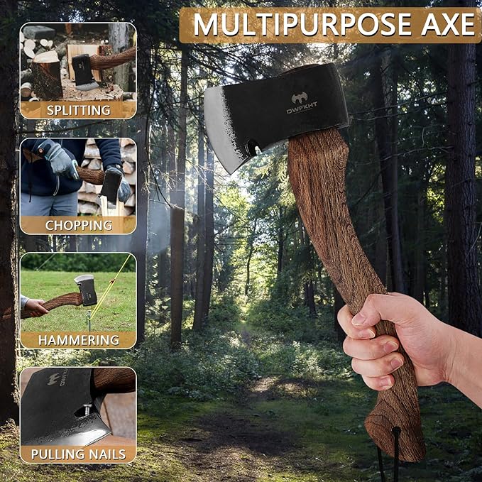 15.2" Camping Hatchet, Hand Forged Axe with Sheath, Bushcraft Axe with 1065 Carbon Steel and Beech Handle for Wood Splitting and Kindling – Perfect for Outdoor Survival and Adventures