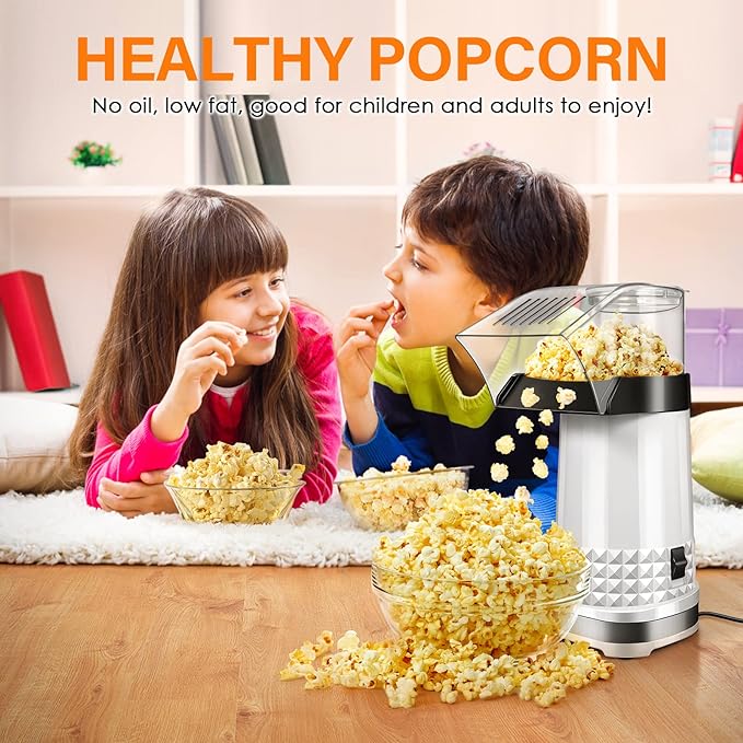 Vminno Quick & Easy Hot Air Popcorn Popper Maker with Measuring Cup + Melts Butter, 4.5 Quarts, Etl Certified, No Oil Electric Popcorn Machine with On/Off Switch for Family Movie Nights, Parties