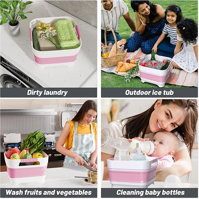 Collapsible Dish Basin, 9L Capacity, Portable Sink for Kitchen, Camping, RV, Gray (Pink)