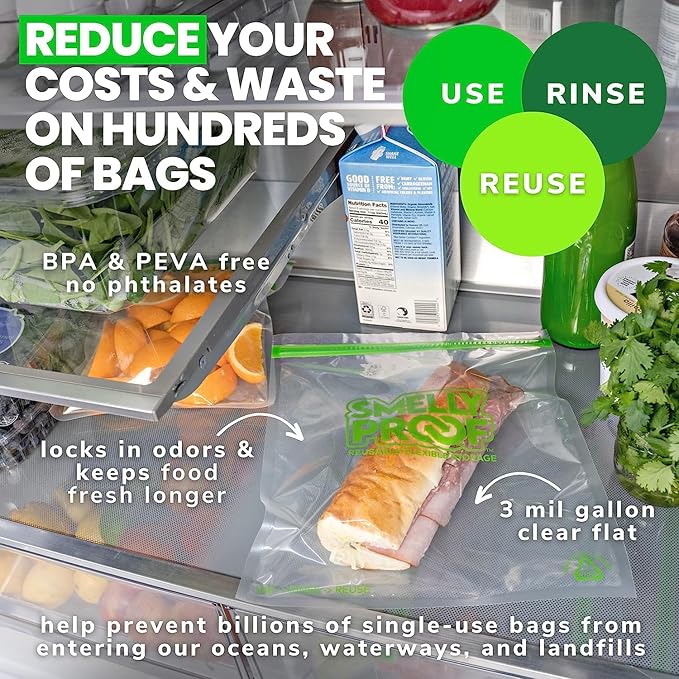 Smelly Proof Reusable Storage Bags for Food Bags - MADE IN USA, Easy Clean, Dishwasher-Safe, BPA FREE, NO PEVA, XL 3-mil Thick Bags, Extra Large Clear FLAT 10.5" x 12" GALLON 15-Pack